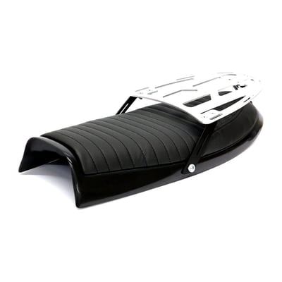 Scrambler seat with luggage rack; Black seat & unpainted black seat pan; seat foam 40 mm thick; synthetic leather; seat pan ABS plastic