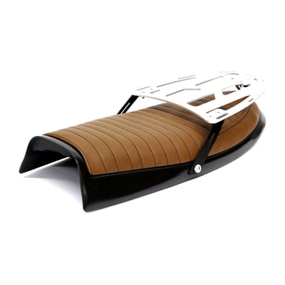 Scrambler seat with luggage rack; Dark brown seat & unpainted black seat pan; seat foam 40 mm thick; synthetic leather; seat pan ABS plastic