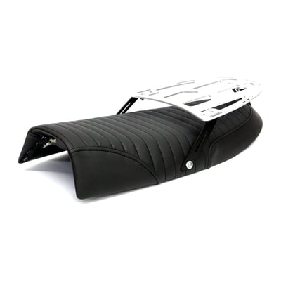 Scrambler seat with luggage rack; Black seat; seat foam 40 mm thick; synthetic leather; seat pan ABS plastic