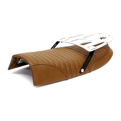 Scrambler seat with luggage rack; Dark brown seat; seat foam 40 mm thick; synthetic leather; seat pan ABS plastic