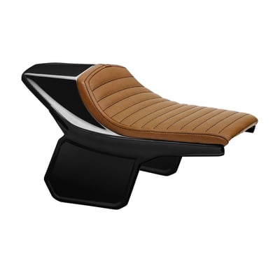 With dark brown synthetic leather seat. This is a universal flat track kit for custom builds, made in collaboration with Wrenchmonkees. Manufactured from black unpainted ABS plastic. This kit includes a seat with a Flat Racer SCR4 seat, which consists of 4 parts, a seat cowl, the upholstery base with 2 mounting points (M6-Steel plus nuts) to allow easy installation and 2 adjustable side number plates. The seat comes with 20mm thick seat foam that is covered with a water repellent membrane below the synthetic leather upholstery. Also included is a front number plate and a set of style matching fork guards. 
Note: Installation modifications to be expected.