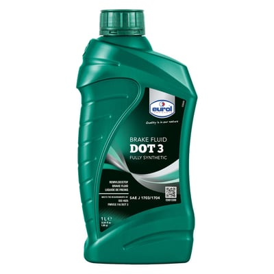 1 liter bottle. DOT 3 is not advised with ABS/ASR brakes due to the lower boiling point. Yellow colored. Wet/dry boiling >140°C/>230°C. Hygroscopic, miscible (mixable) with water. Glycol based. For hydraulic brake systems in all vehicles with drum and disc brake systems.  Will not affect sealing cups, brake fluid lines or seal rings. Aggressive, will attack paints etc. Not compatible with mineral based LHM fluid (mostly green colored) or silicone based DOT 5 fluid (purple colored). Performance level: FMVSS 116 DOT 3, SAE J1703.
