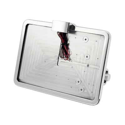 Polished aluminum. Side mount. Brackets take 143mm x 210mm EU sized license plates. Includes LED 'Largelight' license plate illumination. 
The license plate actually slides inside the license plate bracket from the underside and is secured on the back side with a, virtually invisible, set-screw. 
A very clean system.