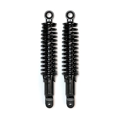 11.4" (289cm) long from mount to mount. A great way to lower your 70's or 80's Cafe racer or Bobber. The pre-load is 5-stage adjustable with a classic stepped ramp. 
- 11.4" Eye to clevis eye without upper shroud. 
- Upper bushing: 10mm i.d. x 21mm. 
- Lower mount: Clevis (All clevis have a 10mm x 1.25 threaded hole and are 22mm wide inside).