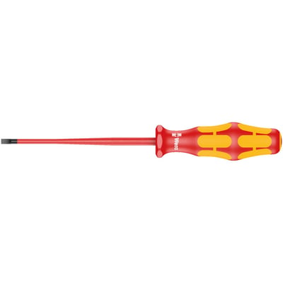 Series 160 iS VDE Slotted insulated screwdriver. 
Allows working with live wiring up to 1000V, individually tested as per IEC 60900. 
With multi-component handle. 
Shaft is zinc-phosphated and had a reduced diameter, with integrated protective insulation, to allow better access to sunken screws and spring elements.
Tip thickness at tip: 0.6mm. 
Tip width: 3.5mm. 
Shaft length: 100mm. 
Handle length: 81mm.