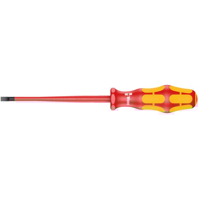 Series 160 iS VDE Slotted insulated screwdriver. 
Allows working with live wiring up to 1000V, individually tested as per IEC 60900. 
With multi-component handle. 
Shaft is zinc-phosphated and had a reduced diameter, with integrated protective insulation, to allow better access to sunken screws and spring elements.
Tip thickness at tip: 1.0mm. 
Tip width: 5.5mm. 
Shaft length: 125mm. 
Handle length: 98mm.