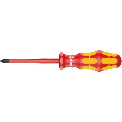 Series 162 iS PH VDE Phillips insulated screwdriver. 
Allows working with live wiring up to 1000V, individually tested as per IEC 60900. 
With multi-component handle. 
Shaft is zinc-phosphated and had a reduced diameter, with integrated protective insulation, to allow better access to sunken screws and spring elements.
Tip thickness at tip: PH2. 
Shaft length: 100mm. 
Handle length: 105mm.