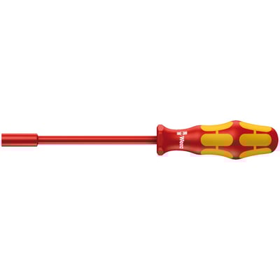 Series 190 i VDE Insulated screwdriver, actually a hexagon nut driver, for regular hex nuts and bolts. 
Allows working with live wiring up to 1000V, individually tested as per IEC 60900. 
With multi-component handle. 
Shaft is zinc-phosphated and had a reduced diameter, with integrated protective insulation. 
Nut size: 8mm. 
Shaft length: 125mm. 
Handle length: 105mm. 
Shaft diameter: 15mm.