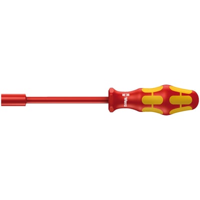Series 190 i VDE Insulated screwdriver, actually a hexagon nut driver, for regular hex nuts and bolts. 
Allows working with live wiring up to 1000V, individually tested as per IEC 60900. 
With multi-component handle. 
Shaft is zinc-phosphated and had a reduced diameter, with integrated protective insulation. 
Nut size: 5/16". 
Shaft length: 125mm. 
Handle length: 105mm. 
Shaft diameter: 15mm.