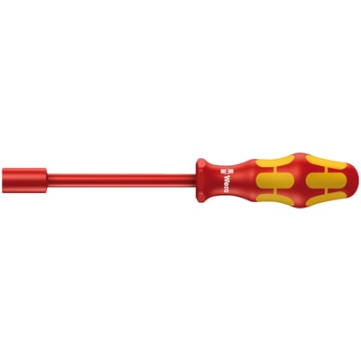 Series 190 i VDE Insulated screwdriver, actually a hexagon nut driver, for regular hex nuts and bolts. 
Allows working with live wiring up to 1000V, individually tested as per IEC 60900. 
With multi-component handle. 
Shaft is zinc-phosphated and had a reduced diameter, with integrated protective insulation. 
Nut size: 3/8". 
Shaft length: 125mm. 
Handle length: 105mm. 
Shaft diameter: 17mm.