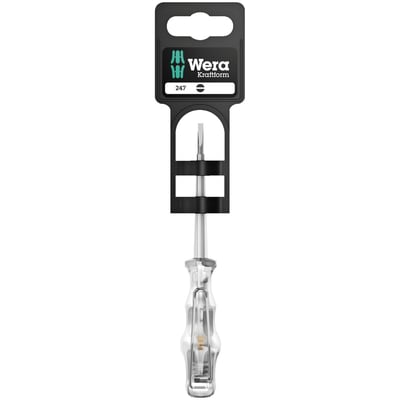 247 Series. Screwdriver with non-hardened slotted tip. 
Used for voltage testing, between 150 to 250 Volt only. 
Translucent Kraftform handle with carrying clip. 
Nut size: 0.5mm. 
Shaft length: 3mm. 
Handle length: 70mm. 
Shaft diameter: 3mm. 
Note: The Wera single pole voltage tester is compatible with 150-250 Volt only. It is not VDE approved and may not be sold in the USA or Canada due to legislative restrictions.