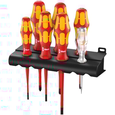 7-piece VDE insulated screwdriver set, with one separate voltage tester for 150-250V only. 
Other screwdrivers allow working with live wiring up to 1000V, individually tested as per IEC 60900. 
With multi-component handles. 
Shafts are Black Point tipped, zinc-phosphated and have reduced diameters, with integrated protective insulation, to allow better access to sunken screws and spring elements (excl. voltage tester). 
With screwdriver holding rack. Packed in display carton. 
Kit includes:
2 Phillips screwdrivers. 
Series 162 iS PH1 x 80mm. 
Series 162 iS PH2 x 100mm. 
1 PlusMinus (Pozidriv/slotted) screwdriver. 
Series 165 iS PZ/S #2 x 100mm. 
4 Slotted screwdrivers. 
Series 160 iS 0.6 x 3.5 x 100mm. 
Series 160 iS 0.8 x 4.0 x 100mm. 
Series 160 iS 1.0 x 5.5 x 125mm. 
Series 247 0.5 x 3.0 x 70mm. 
Note: The Wera single pole voltage tester is compatible with 150-250 Volt only. It is not VDE approved and may not be sold in the USA or Canada due to legislative restrictions.