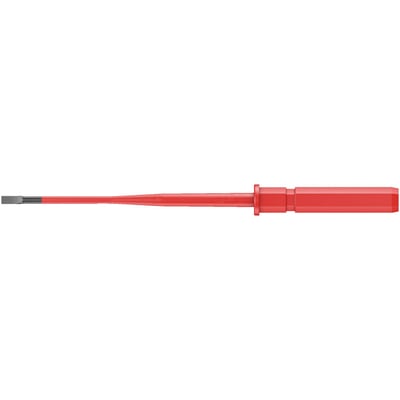 With Wera Compact VDE 9mm hexagonal drive which is compatible with Wera screwdriver handles and torque handles.
Shaft is zinc-phosphated and has reduced diameter, with integrated protective insulation, to allow better access to sunken screws and spring elements.
With Black Point tip.
Insulation allows working with live wiring up to 1000V, individually tested as per IEC 60900.
Series: VDE 60 iS.
Tip thickness at tip: 0.6mm.
Tip width: 3.5mm.
Overall length: 154mm.