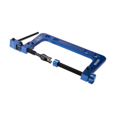 Incl. 24mm & 28mm outside diameter aluminum adapters. Billet 6061-T6 aluminum frame provides unmatched strength and stiffness and lower weight. Quick release system presses straight against the retainer to eliminate side loading the valve and keepers. Works on all motorcycle, ATV, UTV, and small engine cylinder heads. Fully adjustable top and bottom. Aluminum lower adjuster will not damage or scratch valves. Includes two universal fork style tips/adapters. Durable blue anodized finish with laser engraved markings. Simple, fast, and easy to use. 

Note: See 580891 for 18mm & 28mm outside diameter adapters.