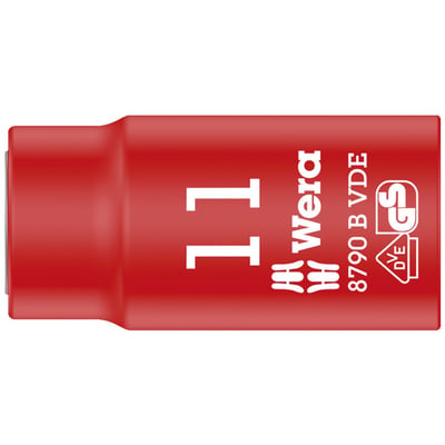 The insulated Zyklop VDE socket comes with 3/8" drive and is compatible with ball locking ratchets.
The dual insulation layer exists of a yellow insulation core under a red insulation outer layer.
This will help visual identification of isulation issues.
Individually tested at 10.000 Volts. This is in accordance with IEC 60900, which ensures safe working with live wiring up to 1000 Volts.
Socket size: 11mm.
Socket length: 46mm.
Top: 20.7mm.
Bottom: 23mm.