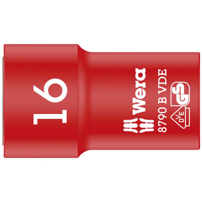 The insulated Zyklop VDE socket comes with 3/8" drive and is compatible with ball locking ratchets.
The dual insulation layer exists of a yellow insulation core under a red insulation outer layer.
This will help visual identification of isulation issues.
Individually tested at 10.000 Volts. This is in accordance with IEC 60900, which ensures safe working with live wiring up to 1000 Volts.
Socket size: 16mm.
Socket length: 46mm.
Top: 26.8mm.
Bottom: 23mm.