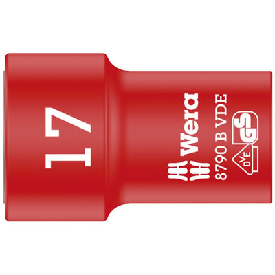 The insulated Zyklop VDE socket comes with 3/8" drive and is compatible with ball locking ratchets.
The dual insulation layer exists of a yellow insulation core under a red insulation outer layer.
This will help visual identification of isulation issues.
Individually tested at 10.000 Volts. This is in accordance with IEC 60900, which ensures safe working with live wiring up to 1000 Volts.
Socket size: 17mm.
Socket length: 46mm.
Top: 29mm.
Bottom: 23mm.
