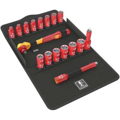 8100 SB VDE. 17-piece insulated ratchet set.
Includes a Zyklop 3/8" drive ratchet, metric sockets and a long & short extension bar.
All is packed in a textile box with a hook and loop fastener on the back.
Parts are individually tested at 10.000 Volts.
This is in accordance with IEC 60900, which ensures safe working with live wiring up to 1000 Volts.
The sockets and extension bars come with a dual isolation layer which exists of a yellow insulation core under a red insulation outer layer.
This will help visual identification of isolation issues.
Set includes:
1 Series 8007 B VDE Ratchet.
3/8" drive x 222mm long.
14 Series 8790 B VDE Sockets.
6mm x 46mm long.
7mm x 46mm long.
8mm x 46mm long.
9mm x 46mm long.
10mm x 46mm long.
11mm x 46mm long.
12mm x 46mm long.
13mm x 46mm long.
14mm x 46mm long.
15mm x 46mm long.
16mm x 46mm long.
17mm x 46mm long.
18mm x 46mm long.
19mm x 46mm long.
2 Extension bars.
Series 8794 SB VDE 3/8" drive x 91mm long.
Series 8794 LB VDE 3/8" drive x 166mm long.