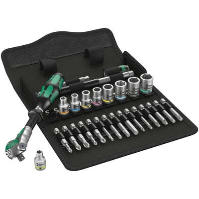8100 SA 6. 28-piece 1/4" drive in Metric sizes.
This kit tackles many smaller wrenching needs. Includes a Zyklop speed ratchet, a Zyklop extension with free-turning
sleeve, a Zyklop wobble extension, 9 sockets from M5 to M13 with a brushed chrome finish, color coding, ball
intercept ring and knurls at the base for manual turning. Not for impact use. Also included a Zyklop bit adapter
socket and bit sockets for Torx®, Hex head (Allen heads), Phillips and Pozidriv screws.
All is packed in a small and extreme robust folding textile box to keep it well organized and portable.
Comes with hook & loop strips on the back for easy attachment to various objects.
Kit includes:
Series 8000 A Zyklops speed ratchet.
1/4" drive x 152mm long. Innovative function-packed ratchet with multi-component Kraftform handle. The green free-turning ribbed sleeve is for switching between left & right ratcheting.
The swiveling ratchet head can be locked at 0° and 90° and 15° before 90° inwards.
Locked at 0° it allows use as a conventional screwdriver.
With pushbutton socket release and a fine ratchet tooth design allowing a small 5° return angle.
Series 8790 HMA - Zyklop sockets.
1/4" drive for hex bolts and nuts. 23mm long. Knurled at the base for manual turning.
With ball intercept ring.
Incl. 5.0; 5.5; 6.0; 7.0; 8.0; 10.0; 11.0; 12.0; 13.0.
Series 8794 LA Zyklop flexible extension.
1/4" drive x 150mm long. With ball lock sockets and free turning sleeve.
Series 8794 A - Zyklop wobble extension.
1/4" drive x 56mm long. Allows 15° connection angle in all directions.
Series 8784 A1 - Zyklop bit adapter socket.
1/4" drive. With quick-release chuck for fast bit changes.
37mm long. Takes 1/4" hex bits as per DIN ISO 1173-C 6.3 and E 6.3 and Wera series 1 and 4.
Series 851/4 TZ - Phillips extended bits.
1/4" drive. Torsion style. 50mm long. Universal.
Incl. PH1; PH2; PH3.
Series 855/4 TZ PZ - Pozidriv extended bits.
1/4" drive. Torsion style. 50mm long. Universal.
Incl. PZ1; PZ2.
Series 867/4 Z - Torx® extended bits.
1/4" drive. 50mm long.
Incl. TX10; TX15; TX20; TX25; TX27; TX30.
Series 840/4 Z - Hex (Allen head) extended bits.
1/4" drive. Hex-Plus bits, with larger tool to bolt contact to prevent bolt damage. Fits all hex (Allen head) bolts.
50mm long. Universal.
Incl. 3.0; 4.0; 5.0; 6.0