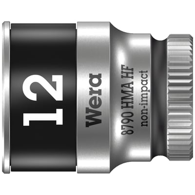 8790 HMA HF. 1/4" drive for hex bolts and nuts. 
With holding function. Chrome vanadium with a brushed
chrome plated finish and color coded for finding the right
size quickly. Knurled at the base for easier manual turning.
With ball intercept ring. 
Overall socket length 23mm. 
Note: Not compatible with impact wrenches. 
Size: 12.0