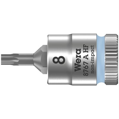 8767 A HF TORX®. 1/4" drive for Torx® bolts/screws.
These socket bit come with holding function. Chrome vanadium with a
brushed chrome plated finish and color coded for finding
the right size quickly. Knurled at the base for easier
manual turning. With ball intercept ring. Overall length
is mentioned in millimeters.
Note: Not compatible with impact wrenches.
Size: TX8.
Overall length: 28mm.