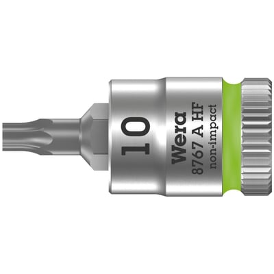 8767 A HF TORX®. 1/4" drive for Torx® bolts/screws. 
These socket bits come with holding function. Chrome vanadium with a
brushed chrome plated finish and color coded for finding
the right size quickly. Knurled at the base for easier
manual turning. With ball intercept ring. Overall length
is mentioned in millimeters. 
Note: Not compatible with impact wrenches. 
Size: TX10. 
Overall length: 28mm.