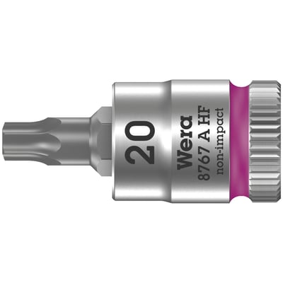 8767 A HF TORX®. 1/4" drive for Torx® bolts/screws.
These socket bits come with holding function. Chrome vanadium with a
brushed chrome plated finish and color coded for finding
the right size quickly. Knurled at the base for easier
manual turning. With ball intercept ring. Overall length
is mentioned in millimeters.
Note: Not compatible with impact wrenches.
Size: TX20.
Overall length: 28mm.