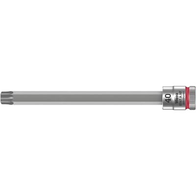 8767 A HF TORX®. 1/4" drive for Torx® bolts/screws. 
These socket bits come with holding function. Chrome vanadium with a
brushed chrome plated finish and color coded for finding
the right size quickly. Knurled at the base for easier
manual turning. With ball intercept ring. Overall length
is mentioned in millimeters. 
Note: Not compatible with impact wrenches. 
Size: TX40. 
Overall length: 100mm.