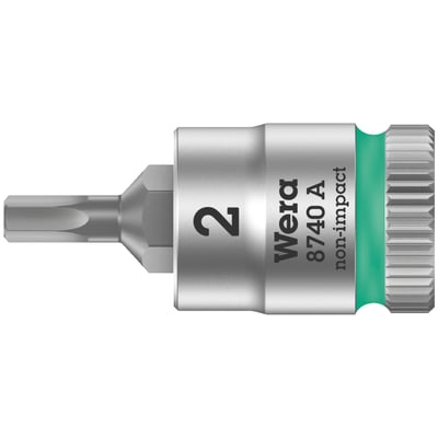 1/4" drive for Hex (Allen head) bolts/screws.
These socket bit come as Hex-Plus bits, offering a larger
tool to bolt contact to prevent bolt damage. Compatible
with all hex (Allen head) bolts. Chrome vanadium with
a brushed chrome plated finish and color coded for
finding the right size quickly. Knurled at the base for
easier manual turning. With ball intercept ring. 
Note: Not compatible with impact wrenches. 
Size: 2.0mm. 
Overall length: 28mm. 
