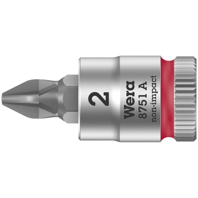 1/4" drive for Phillips bolts/screws.
Chrome vanadium with a brushed chrome plated finish and color coded for bit style (red is Phillips).
Knurled at the base for easier manual turning. With ball intercept ring.
Note: Not compatible with impact wrenches.
Size: PH2.
Overall length: 28mm.