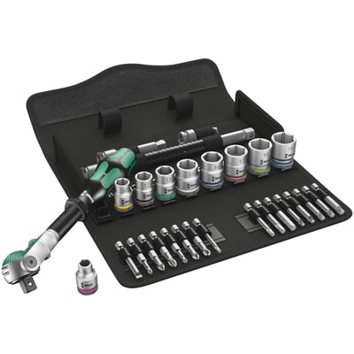 8100 SB 6. 29-piece 3/8" drive in metric sizes. This kit tackles many wrenching needs. 
Includes a Zyklop speed ratchet, a Zyklop extension with free-turning sleeve, a Zyklop wobble extension, 9 sockets from M8 to M19 with a brushed chrome finish, color coding, ball intercept ring and knurls at the base for manual turning. 
Not for impact use. 
Also included a Zyklop bit adapter socket and bit sockets for Torx®, Hex head (Allen heads), Phillips and Pozidriv screws All is packed in a small and extreme robust folding textile box to keep it well organized and portable. 
Comes with hook & loop strips on the back for easy attachment to various objects.
Series 8000 B Zyklop speed ratchet. 
3/8" drive x 199mm long. Innovative function-packed ratchet with multi-component Kraftform handle. 
The green free-turning ribbed sleeve is for switching between left & right ratcheting. The swiveling ratchet head can be locked at 0° and 90° and 15° before 90° inwards.
Locked at 0° it allows use as a conventional screwdriver.
With pushbutton socket release and a fine ratchet tooth design allowing a small 5° return angle. 
Series 8790 HMB - Zyklop sockets. 
3/8" drive for hex bolts and nuts. Knurled at the base for manual turning. With ball intercept ring. 
Incl. 8.0; 10; 12; 13; 15; 16; 17; 18; 19. 
Series 8794 LB Zyklop flexible extension. 
3/8" drive x 200mm long. With ball lock sockets and free turning sleeve.
Series 8794 B - Zyklop wobble extension. 
3/8" drive x 76mm long. Allows 15° connection angle in all directions.
Series 8784 B1 - Zyklop bit adapter socket. 
3/8" drive. With quick-release chuck for fast bit changes.
44mm long. Takes 1/4" hex bits as per DIN ISO 1173-C 
6.3 and E 6.3 and Wera series 1 and 4. 
Series 851/4 TZ - Phillips extended bits. 
1/4" drive. Torsion style. 50mm long. Universal.
Incl. PH1; PH2; PH3. 
Series 855/4 TZ PZ - Pozidriv extended bits. 
1/4" drive. Torsion style. 50mm long. Universal.
Incl. PZ1; PZ2; PZ3
867/4 Z - Torx® extended bits
1/4" drive. 50mm long. 
Incl. TX20; TX25; TX27; TX30; TX40. 
Series 840/4 Z - Hex (Allen head) extended bits. 
1/4" drive. Hex-Plus bits, with larger tool to bolt contact to prevent bolt damage. Fits all hex (Allen head) bolts. 
50mm long. Universal. 
Incl. 4.0; 5.0; 6.0; 8.0.
Series 800/4 Z - Bit for slotted screws
1/4" drive, 1 x 5.5 x 50