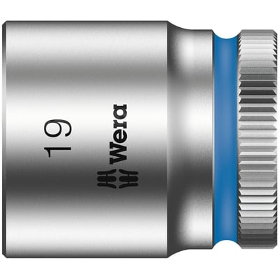 8790 HMB. 3/8" drive for hex bolts and nuts.
Chrome vanadium with a brushed chrome plated finish and color
coded for finding the right size quickly. Knurled at the
base for easier manual turning. With ball intercept ring.
Overall socket length 29 to 32mm depending on size.
Note: Not compatible with impact wrenches.
Size: 19.0