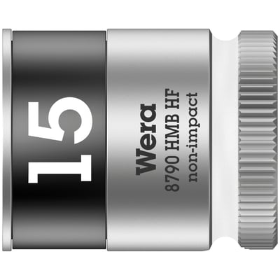 8790 HMB HF. 3/8" drive for hex bolts and nuts. With
holding function. 
Chrome vanadium with a brushed chrome plated finish and color coded for finding the right
size quickly. Knurled at the base for easier manual turning. 
With ball intercept ring. Overall socket length 29mm. 
Note: Not compatible with impact wrenches.
Size: 15.0