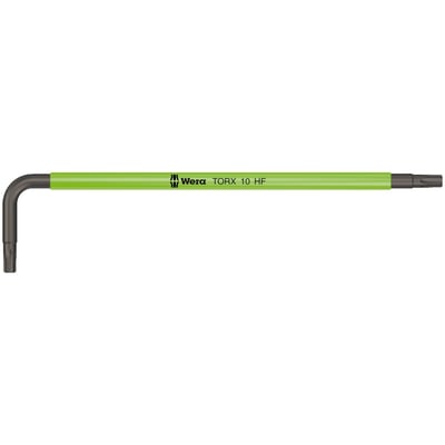 967 SL TORX HF. Torx® L-key for installing Torx®
bolts. With holding function and BlackLaser surface
finish. The color coded thermoplastic sleeve enables
fast color-size identification, the sleeve includes size
print. Manufactured from round material for comfort,
the sleeve provides additional comfort in cold weather.
Size: TX10. 
Overall length: 85mm. 
Short arm: 17mm. 
Color: Bright green.