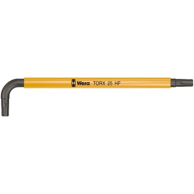 967 SL TORX HF. Torx® L-key for installing Torx®
bolts. With holding function and BlackLaser surface
finish. The color coded thermoplastic sleeve enables
fast color-size identification, the sleeve includes size
print. Manufactured from round material for comfort,
the sleeve provides additional comfort in cold weather.
Size: TX25. 
Overall length: 104mm. 
Short arm: 21mm. 
Color: Yellow.