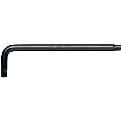 967 SL TORX HF. Torx® L-key for installing Torx® bolts.
With holding function and BlackLaser surface finish with
laser engraved size markings. Manufactured from round
material for comfort. 
Size: TX15. 
Overall length: 90mm. 
Short arm: 18mm.