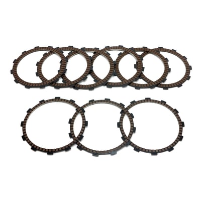 Friction plate set only. Specifically developed to handle the power and torque of High-Performance H-D M8 engines. This clutch set includes 'G3' friction plates (which incl. 6 friction plates and 3 jutter plates). G3 is a newly developed friction material that offers as good or better performance than the Alto Carbonite clutch material. It is formulated with graphitic carbon-based particles which is the most durable, consistent with improved shifting and reduced burn-out product to date for high horsepower and torque applications. 
In short, this is an excellent clutch plate set for stock to very high performance engines and a direct replacement for the OEM clutch plate set. 
Incl. 6 x 581908 friction (1.50" /3.81mm thick) & 3 x 581909 friction jutter (0.151"/3.84mm thick) plates. 

Note: Compatible with OEM components and friction discs. A matching 'Performance Steel' Alto steel drive plate set can be ordered separately as 581911.