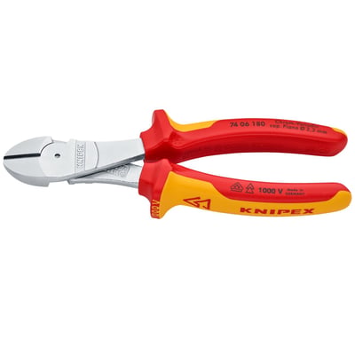 Overall diameter: 180mm. 
Weight: 280 gram. 
Insulated pliers made conform IEC 60900DIN, EN 60900 and VDE 0680. 
Individually tested at 10.000V to ensure safe working up to 1000 Volts. 
With integrated forged joint for very tough continuous usage. 
With optimized cutting edge angle and lever ratio for 20% effort reduction when compared to comparable diagonal cutting pliers. 
Manufactured from forged chrome vanadium tool steel that is multi-stage oil hardened. 
Cutting edges are additionally precision induction hardened to approx. 64 HRC and will cut from 3.8mm steel up to 2.2mm diameter hard spring steel.
 Comes with multicomponent grips, a polished head and is chrome plated.
