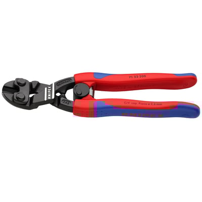 Overall length: 200mm. 
Weight: 365 gram. 
20° angled head. 
The ingenious lever action offers 60% effort reduction when compared to Knipex high leverage cutters of the same length. 
With gripping surface below the joint for wires with 1mm diameter and larger. 
Manufactured from forged chrome vanadium tool steel that is multi-stage oil hardened. 
Cutting edges are micro-structured, additionally precision induction hardened to approx. 64 HRC and will cut from 5.2mm steel up to 3.6mm diameter hard spring steel. 
Handles are angled at 20° for hand clearance in confined spaces. 
Comes with multi-component grips, a polished head and black phosphate coating.