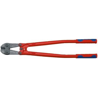 Overall length: 760mm. 
Weight: 4250 gram. 
The ingenious lever action offers 60% effort reduction when compared to Knipex high leverage cutters of the same length. 
Cuts up to 48 HRC hardness. 
With gripping surface below the joint for wires with 1mm diameter and larger. 
Manufactured from forged chrome vanadium tool steel that is multi-stage oil hardened. 
Cutting edges are additionally precision induction hardened to approx. 62 HRC and will cut from 11mm steel up to 19 HRC, 9mm to 40 HRC and 8mm to 48 HRC diameter steel. 
Comes with multi-component grips and a gray phosphate coating.