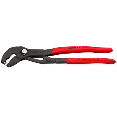 Overall length: 250mm. 
Adjustable: 25-step. 
Weight: 340 gram. 
Clamp size: up to 70mm. 
Used to grip and open virtually all spring-type clamps on water cooled system etc. 
Jaw inserts are free-rotating for angle adjustments under load. 
The serrated jaw offers grip to help remove stuck hoses. 
With a box-joint design for light weight and excellent stability. 
With a push-button operated adjustable ratchet for quick diameter adjustments. 
Manufactured from special forged chrome vanadium tool steel that is multi-stage oil hardened. 
Comes with non-slip plastic coated grips, and a gray phosphate coating.