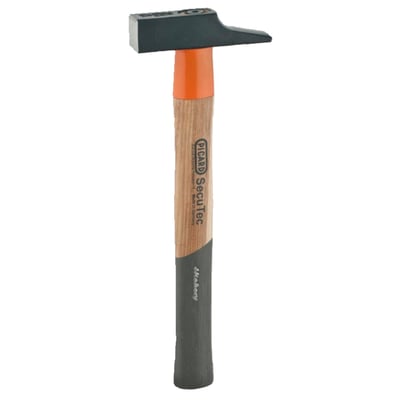 Weight: 190 gram. 
Overall length: 280mm. 
Dual curved Hickory wood handle. 
French pattern. Head made from alloyed hardened and tempered steel face with a black powder coated finish. Smooth ground face, cross peen ground rear. Chamfered edges. With dual curved hickory wood handle with hardened handle protection below the hammer head. Head and handle are connected with the patented SecuTec® wedge bolt system for a no-slip connection.