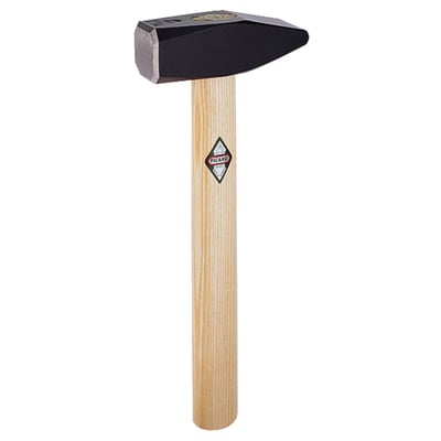 Weight: 1.5kg. 
Overall length: 130mm. 
With dual curved ash wood handle. 
Head made from alloyed hardened and tempered steel with a black powder coated finish. Smooth ground face, cross peen ground rear and flat cheeks. Chamfered edges. Head and handle are connected with a ring wedge fixture.