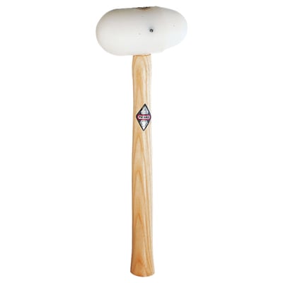 Weight 420 gram. 
Diameter: 65mm. 
Overall length 360mm. 
Ash wood handle. 
Head is egg shaped and made of special plastic material which has a high resistance against stress cracking. The hammer head can be filed or ground into shape, or be re-shaped after extensive use, if required. Comes with an ash wood handle.