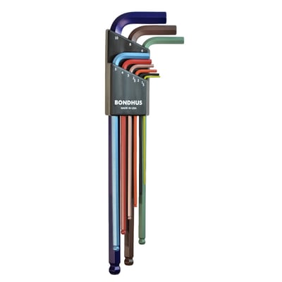 The extra long ColorGuard™ finished hex keys come with a ball-end on the long side which allows working under a 25° angle, a great feature in confined spaces. The ColorGuard™ finish is both rust superior protective and allows a quick color coded size identification in addition to the stamped-on size on the tool sides.
9 piece kit
ColorGuard finish. 
Extra long. 
Includes 1.5, 2, 2.5, 3, 4, 5, 6, 8 and 10mm.