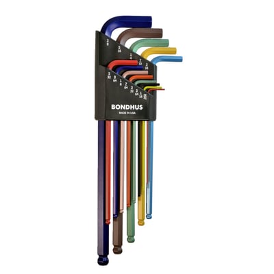 These extra long ColorGuard™ finished hex keys come with a ball-end on the long side which allows working under a 25° angle, a great feature in confined spaces. The ColorGuard™ finish is both rust superior protective and allows a quick color coded size identification in addition to the stamped-on size on the tool sides.
13 piece kit
ColorGuard finish. 
Extra long. 
Includes .050, 1/16, 5/64, 3/32, 7/64, 7/8, 9/64, 5/32, 3/16, 7/32, 1/4, 5/16 and 3/8 inch.
