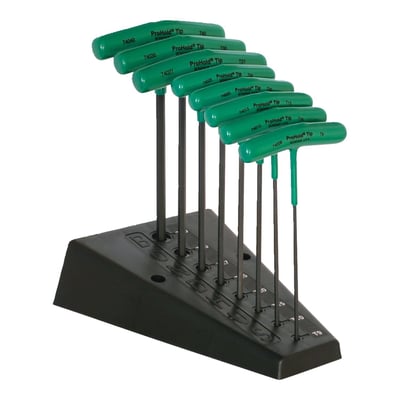 Professional GorillaGrip™ T-handle wrench set from Bondhus. Made from ProTanium® industrial high torque steel with a black ProGuard™ corrosion preventing finish. Handles are one-piece non-removable smooth and non-porous coated and offer a nice ergonomic feel. Complete with plastic molded T-handle stand that can be used free standing or wall mounted.
8 piece kit
Includes T9, T10, T15, T20, T25, T27, T30, T40