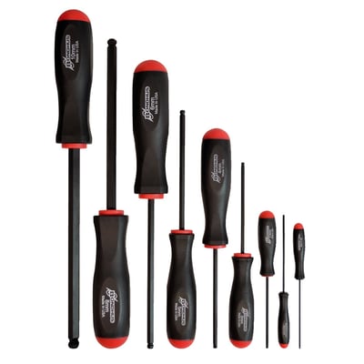 Quality hex key screwdriver set with black ProGuard™ finish. Made of US made Protanium™ industrial high torque steel. The ergonomic handle is a 2-component design with a tough thermoplastic core and a non-slip cushioned rubber outer. The slight texture helps retain grip with oily hands. The hexagonal anti-roll feature keeps the screwdriver where you place it. All handle dimensions are proportionally sized to match the torque requirement for the specific tip size.
9 pieces. 
Includes 1.5, 2, 2.5, 3, 4, 5, 6, 8, 10mm. 
Comes with ball-ends enabling you to work in hard to reach places under a maximum angle of 25°. 
