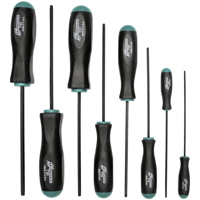 Quality ball-end screwdriver set with black ProGuard™ finish. Made of US made Protanium™ industrial high torque steel. The ergonomic handle is a 2-component design with a tough thermoplastic core and a non-slip cushioned rubber outer. The slight texture helps retain grip with oily hands. All handle dimensions are proportionally sized to match the torque requirement for the specific tip size.
8 pieces.
Includes T9, T10, T15, T20, T25, T27, T30, T40