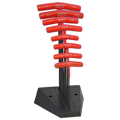Professional GorillaGrip™ T-handle wrench set from Bondhus. Made from ProTanium® industrial high torque steel with a black ProGuard™ corrosion preventing finish. Handles are one-piece non-removable smooth and non-porous coated and offer a nice ergonomic feel. Complete with plastic molded T-handle stand that can be used free standing or wall mounted.
8 piece kit
Includes 2, 2.5, 3, 4, 5, 6, 8, 10 mm
2, 2.5 & 3 mm T-handles come without ball-ends
4, 5, 6, 8 and 10mm T-handles come with ball-ends